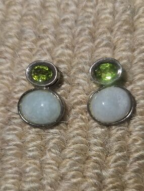 DBJ Victoria Sterling Silver 925 Peridot Green Aventurine Oval Cabochon Earrings